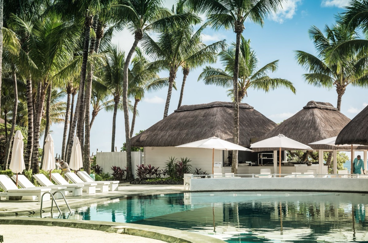 resort pool edge with palm trees