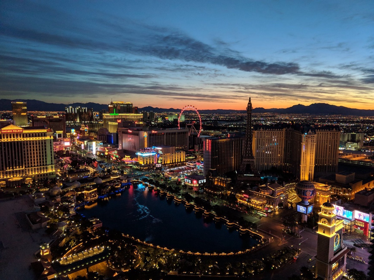 camera shot of luxury hotel room with strip view