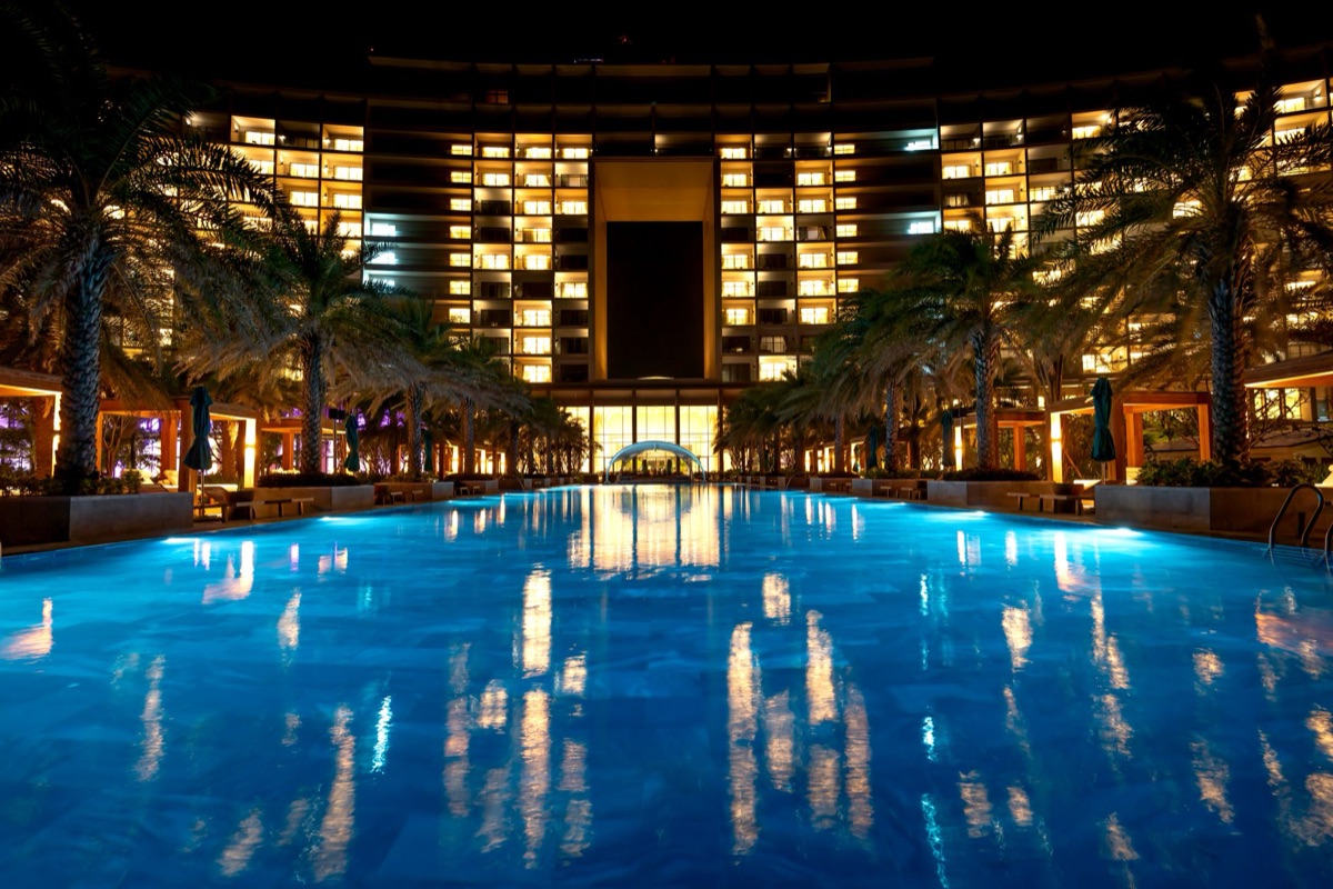 Hotel resort pool at night