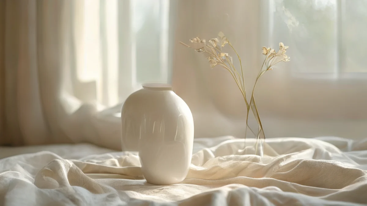 Um vase de cerâmica colocado em cima de uma mesa de madeira em uma sala moderna.