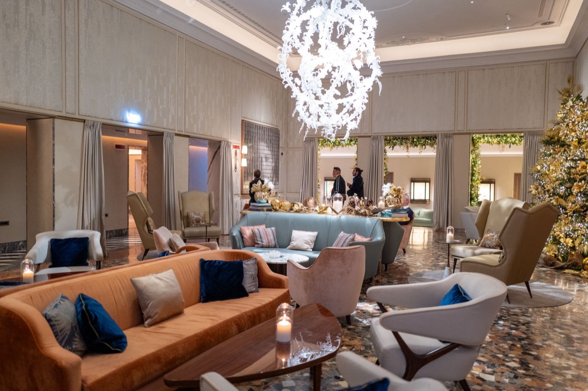 Luxury hotel lobby with chandeliers