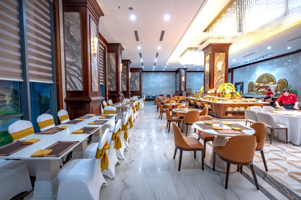 Luxury hotel dining area with elegant buffet setup