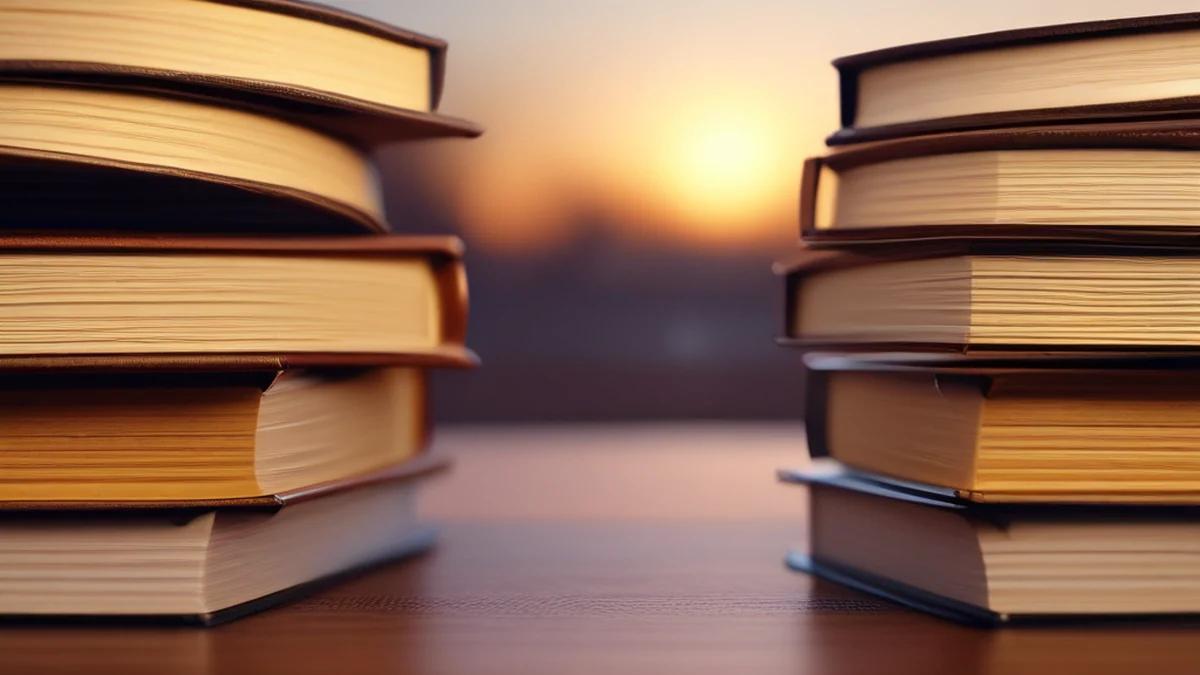 Tischoberfläche hat eine stapelte Hardcover-Bücher.