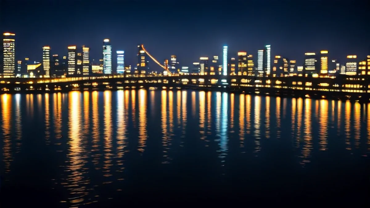 夜に見える河辺の公園、灯り、水、木