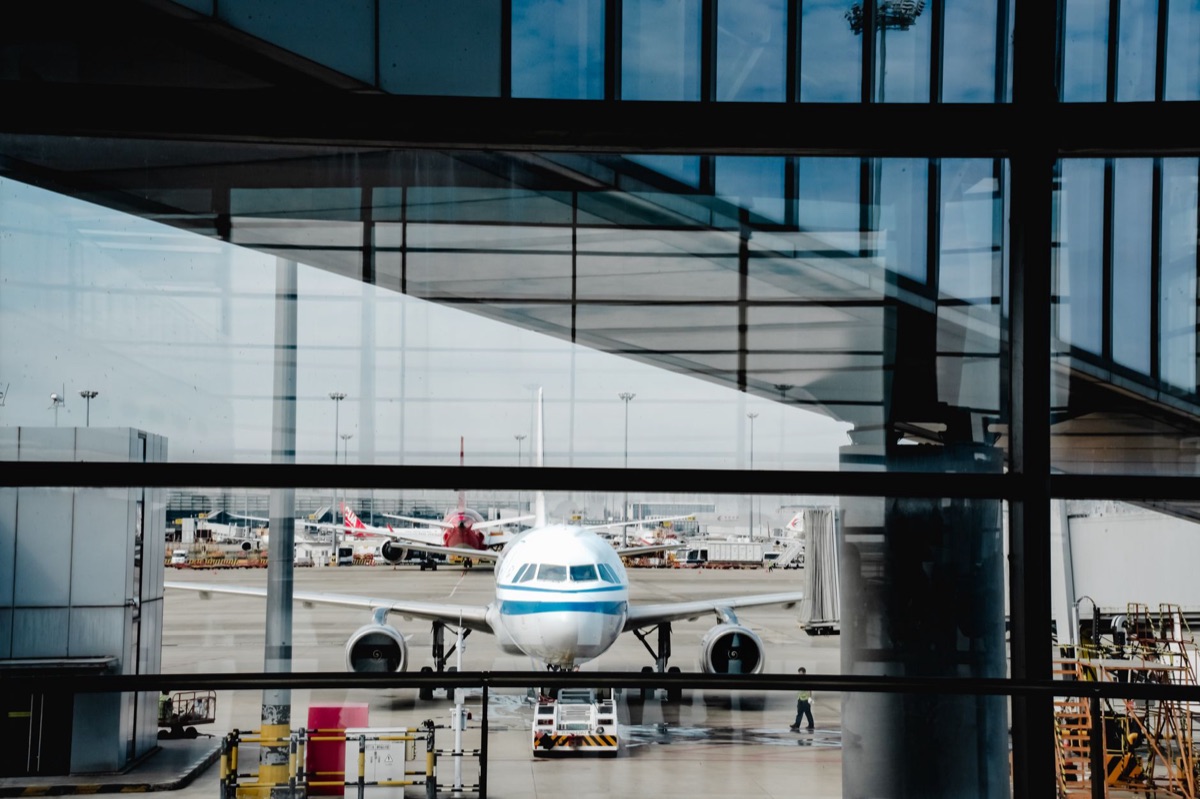 Fluorescent lighting and glass walls of an aircraft terminal