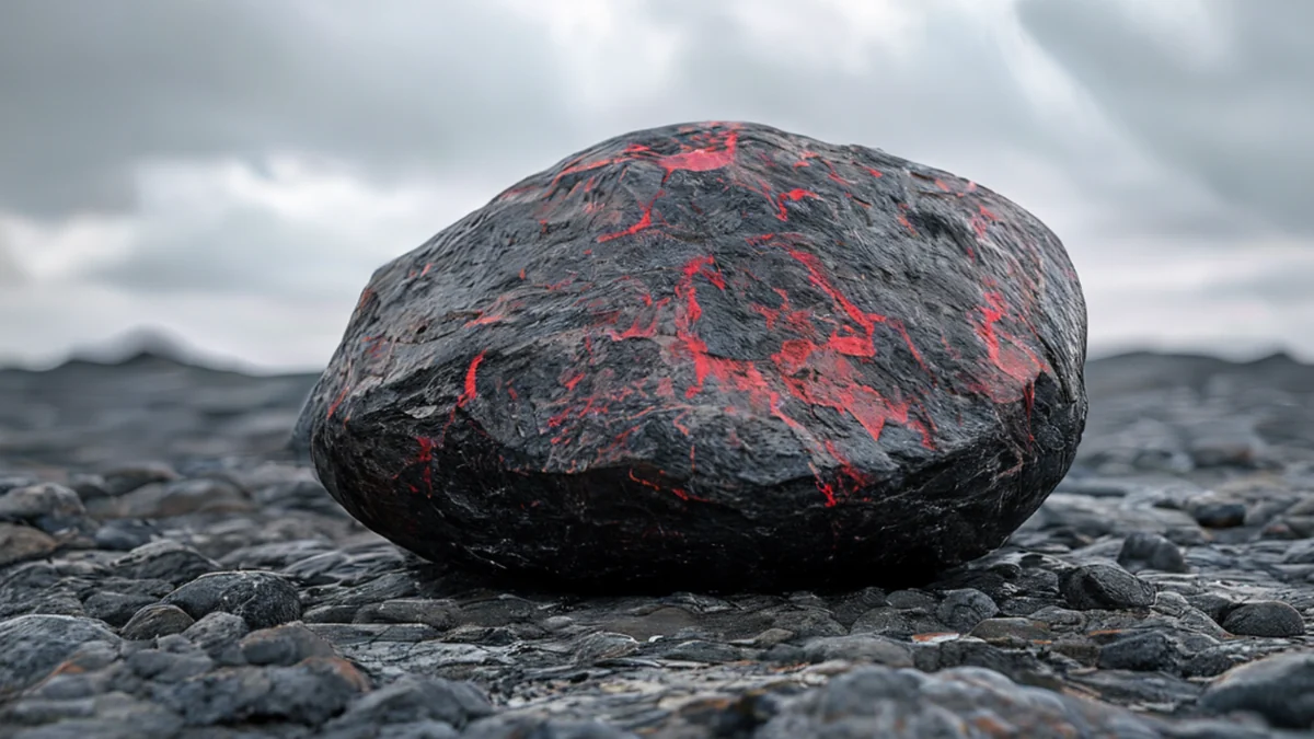 Un gros caillou de lave, noir et rouge, avec une surface rugueuse, reposant sur un terrain rocheux sous un ciel gris.