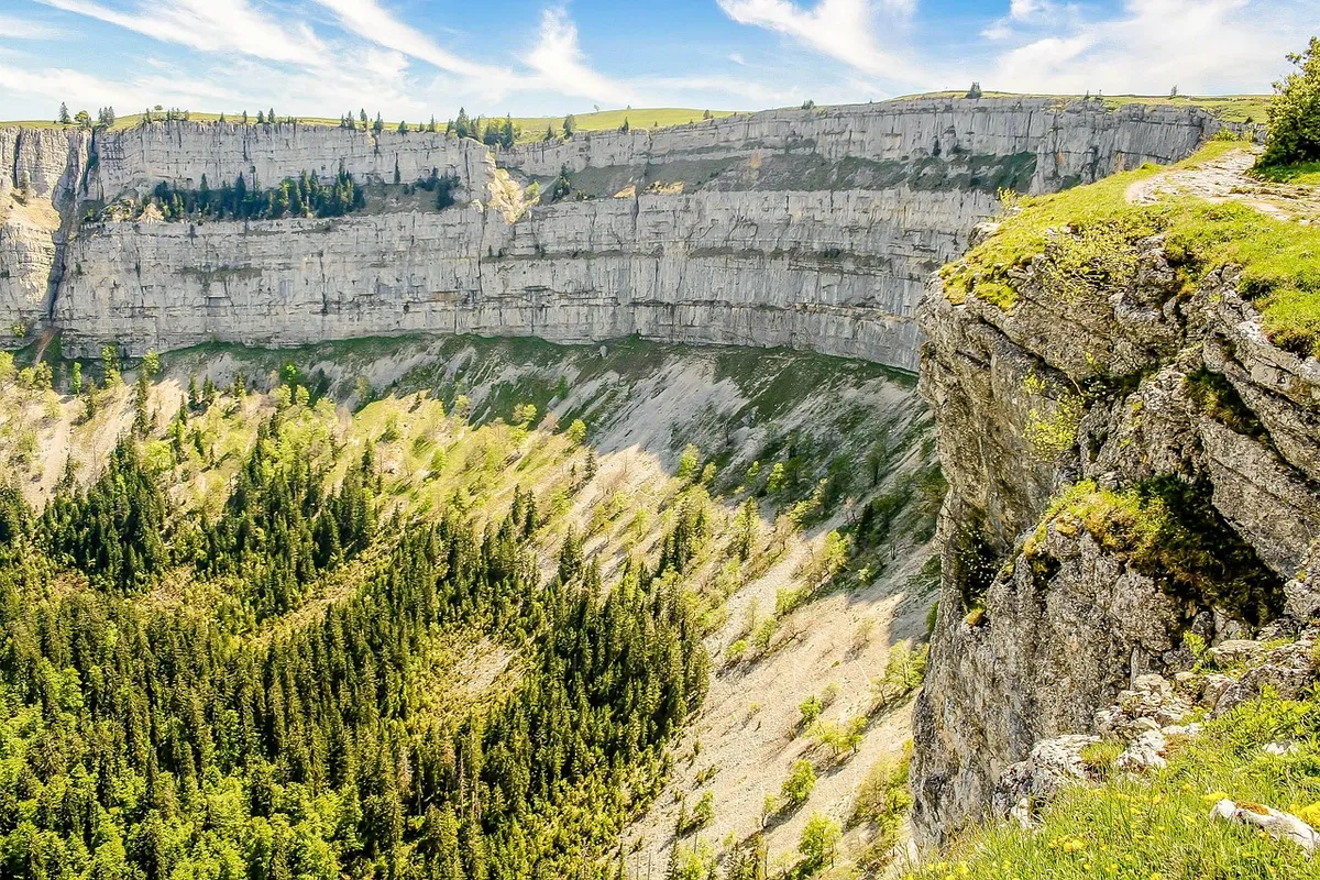 creux du van, rocky cirque, switzerland, nature, alps, landscape, cliff, forest