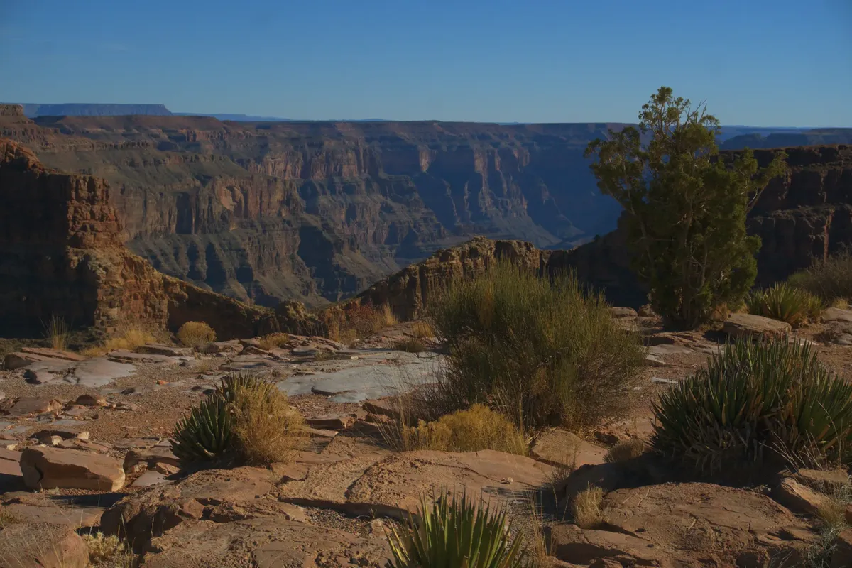 Breathtaking view of the rugged terrain and deep canyons at Grand Canyon West, Arizona.